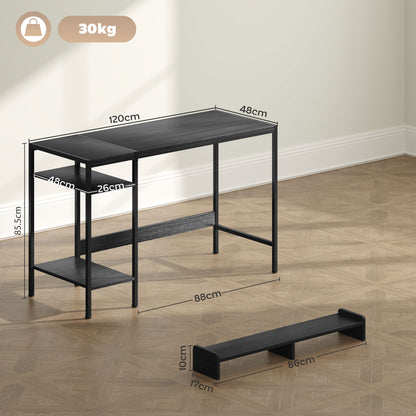 PC Desk with Monitor Stand and 2 Adjustable Shelves, Wood and Steel, 120x48x85.5 cm, Black