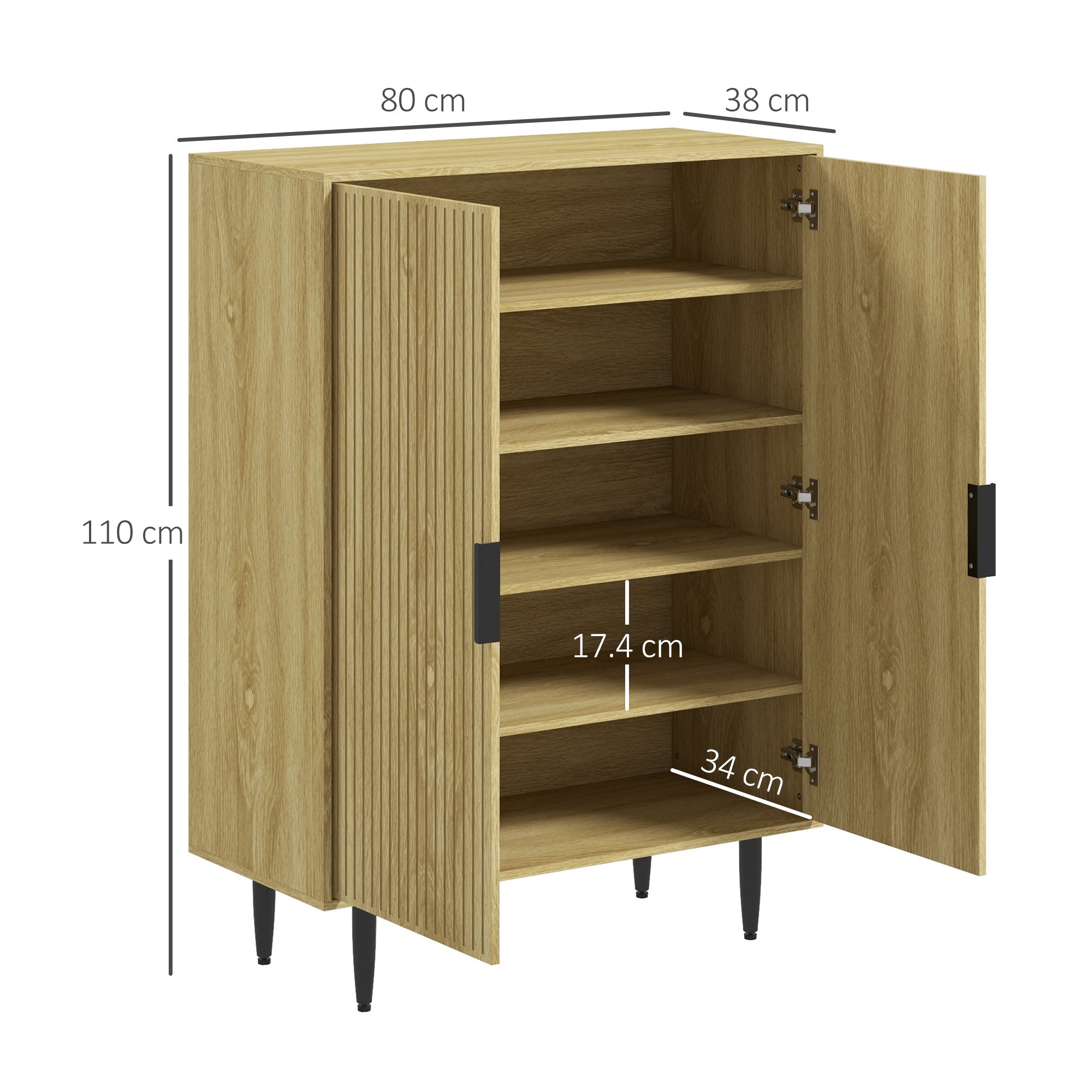 Space-Saving Shoe Rack for 15 Pairs of Shoes with 4 Adjustable Shelves, 80x38x110cm, Oak