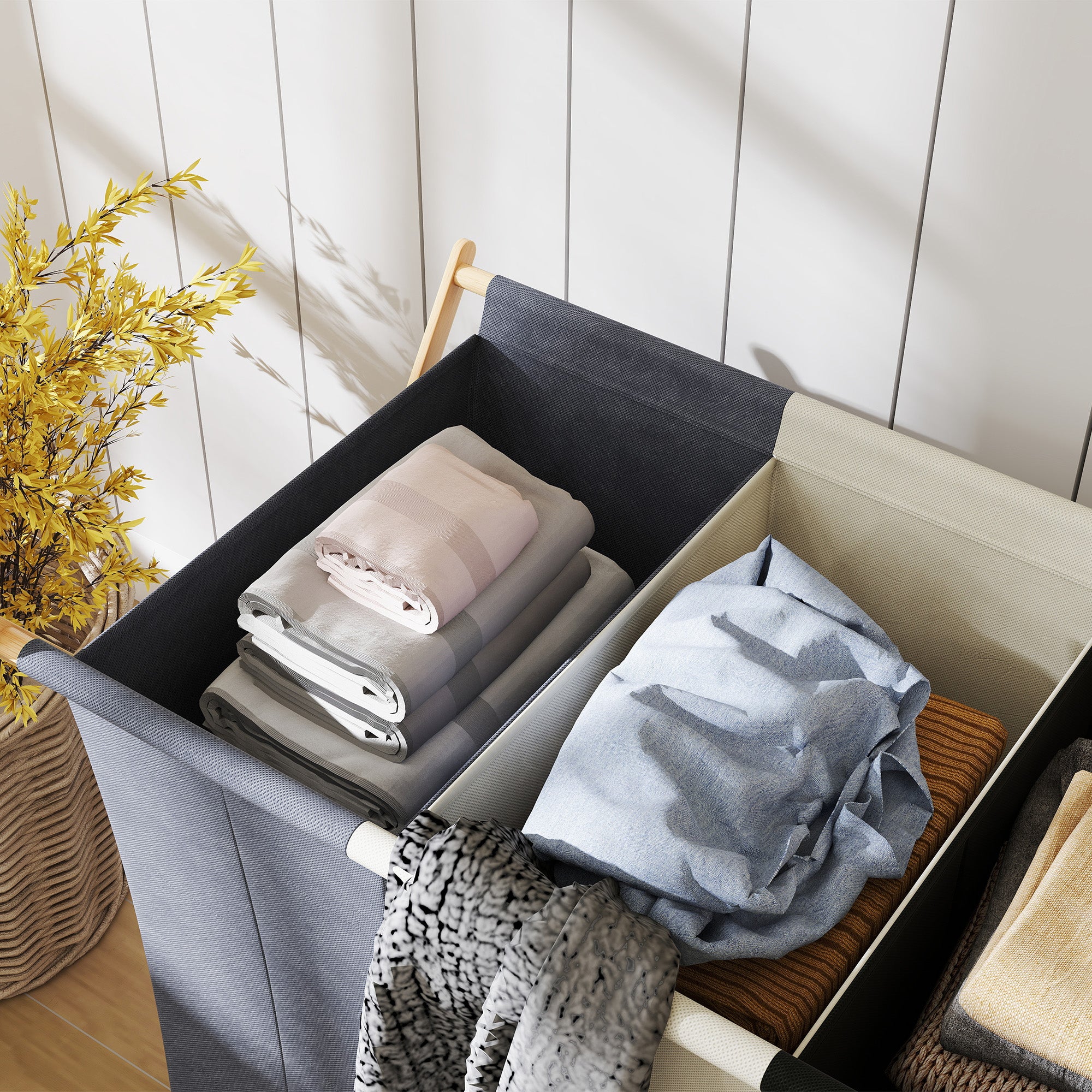 Foldable Laundry Hamper with 3 Compartments, Bamboo and Linen Effect Fabric, 75x48x67 cm, Multicolor