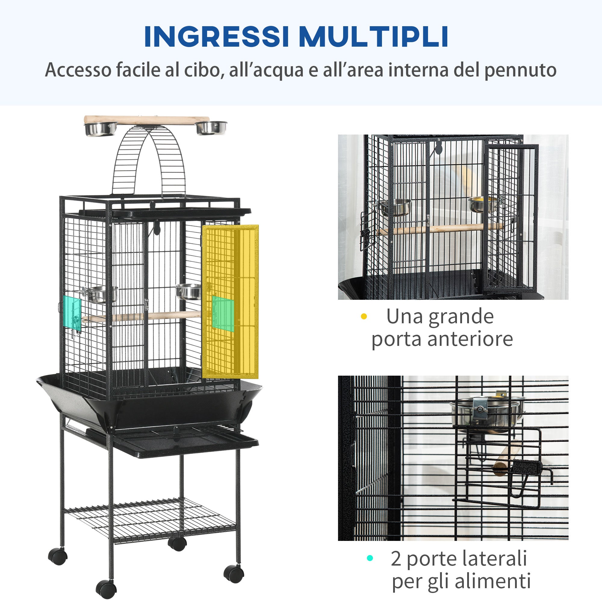 Pawhut cage for parrots with 2 posees and arched staircase, steel, 62.5x62.5x156 cm, gray - Borgè