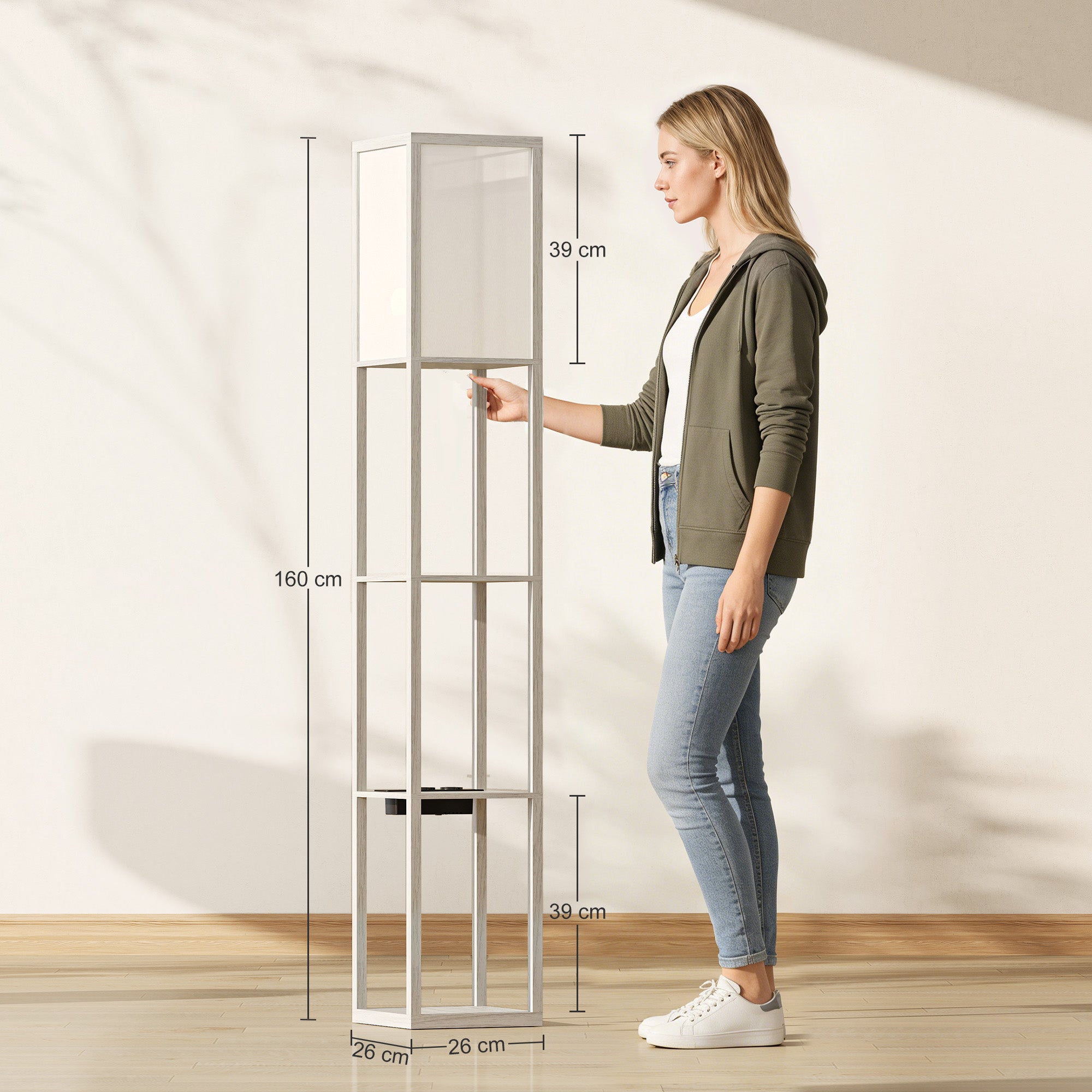 HOMCOM Floor Lamp with Shelves, Dimmable Light, Foot Switch and USB Ports, White and Oak