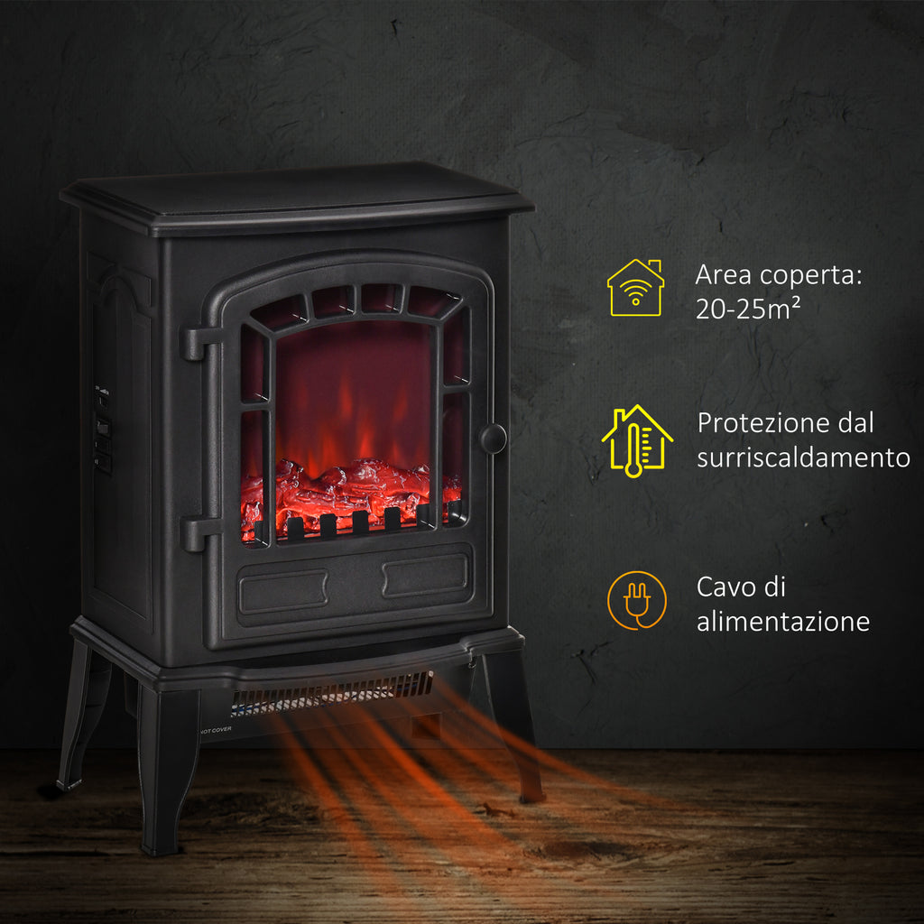 Electric Fireplace with Flame Effect, Adjustable Temperature 1000W-2000W, Coverage 20-25m², 39x24x56.5cm, Black
