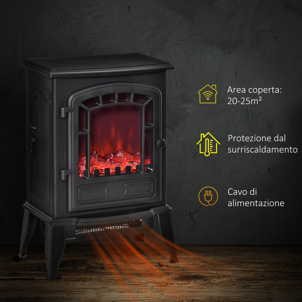 Electric Fireplace with Flame Effect, Adjustable Temperature 1000W-2000W, Coverage 20-25m², 39x24x56.5cm, Black