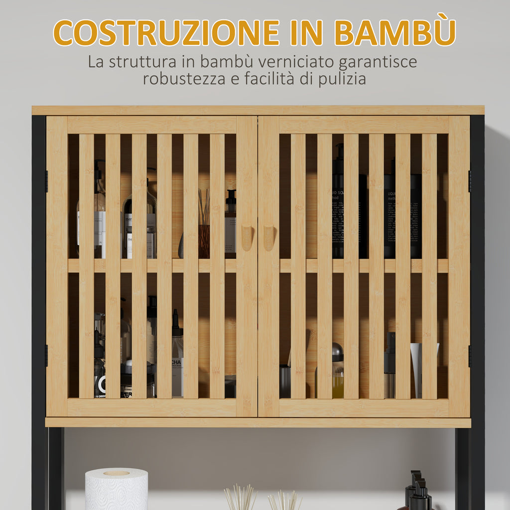 HOMCOM Cabinet Above Toilet with Cabinet 2 Slatted Doors and Open Shelf, 60x21.5x172cm, Wood Color - Borgè