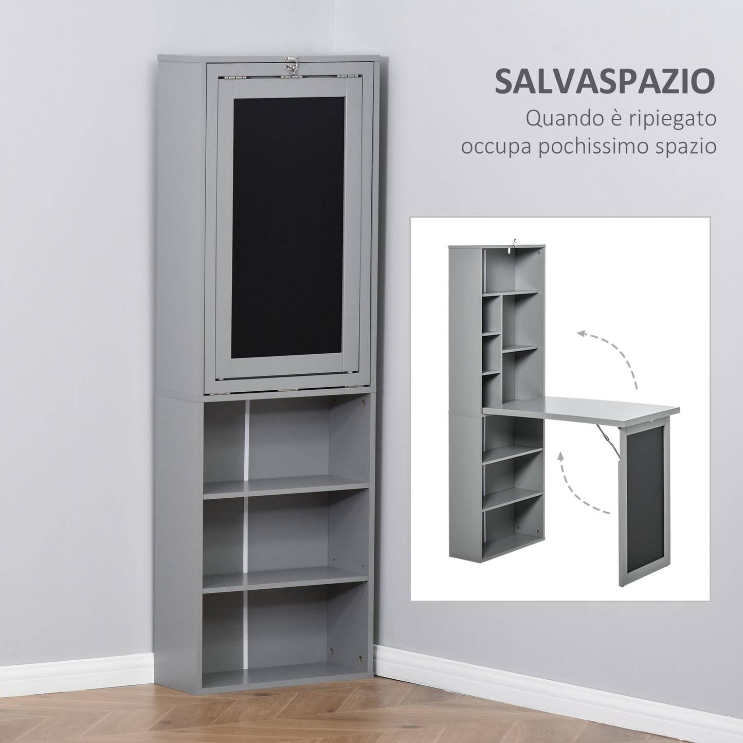 Folding PC Desk with 9-Tier Bookcase in Wood and Metal, 98x51x153 cm, Grey