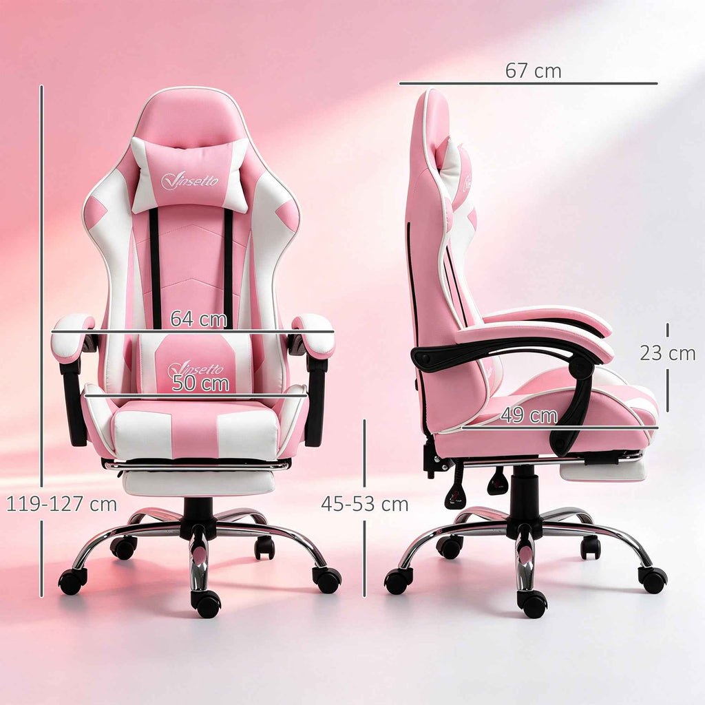 Vinsetto Ergonomic Reclining Gaming Chair with Headrest, Lumbar Cushion, Adjustable Height, Pink and White
