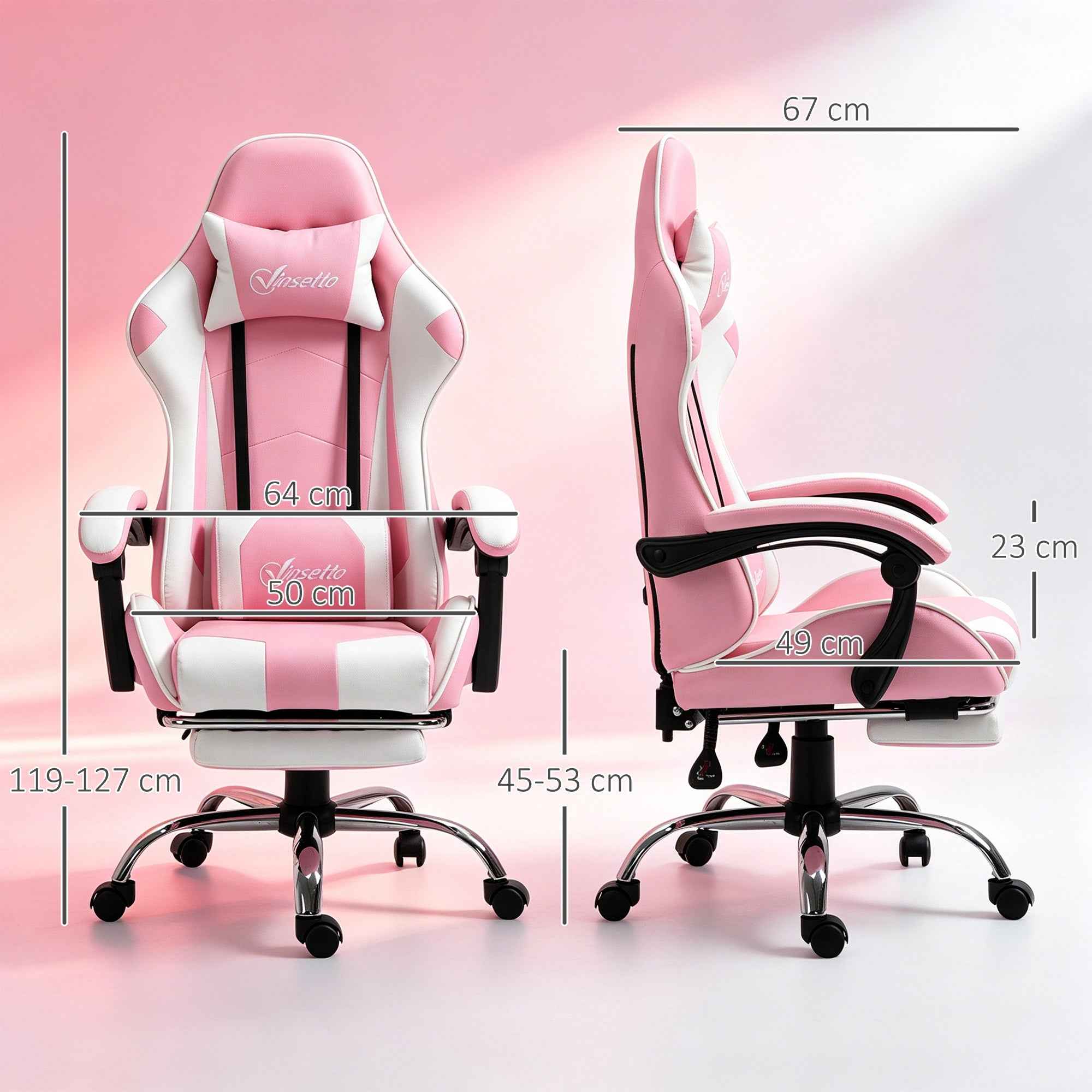 Vinsetto Ergonomic Reclining Gaming Chair with Headrest, Lumbar Cushion, Adjustable Height, Pink and White