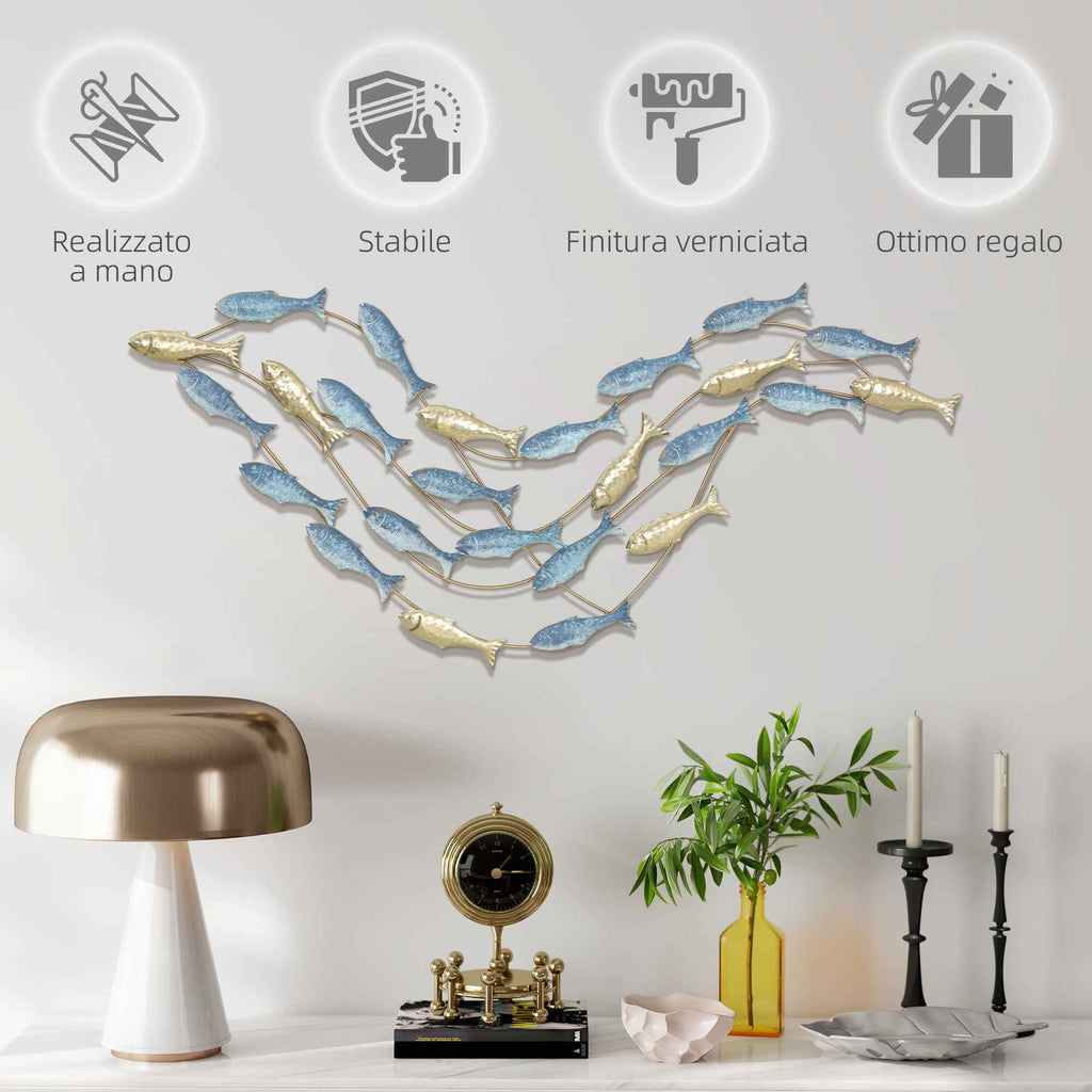 HOMCOM Metal Fish Wall Art with Screws Included, 99.7 x 3.8 x 50.2 cm, Gold and Blue