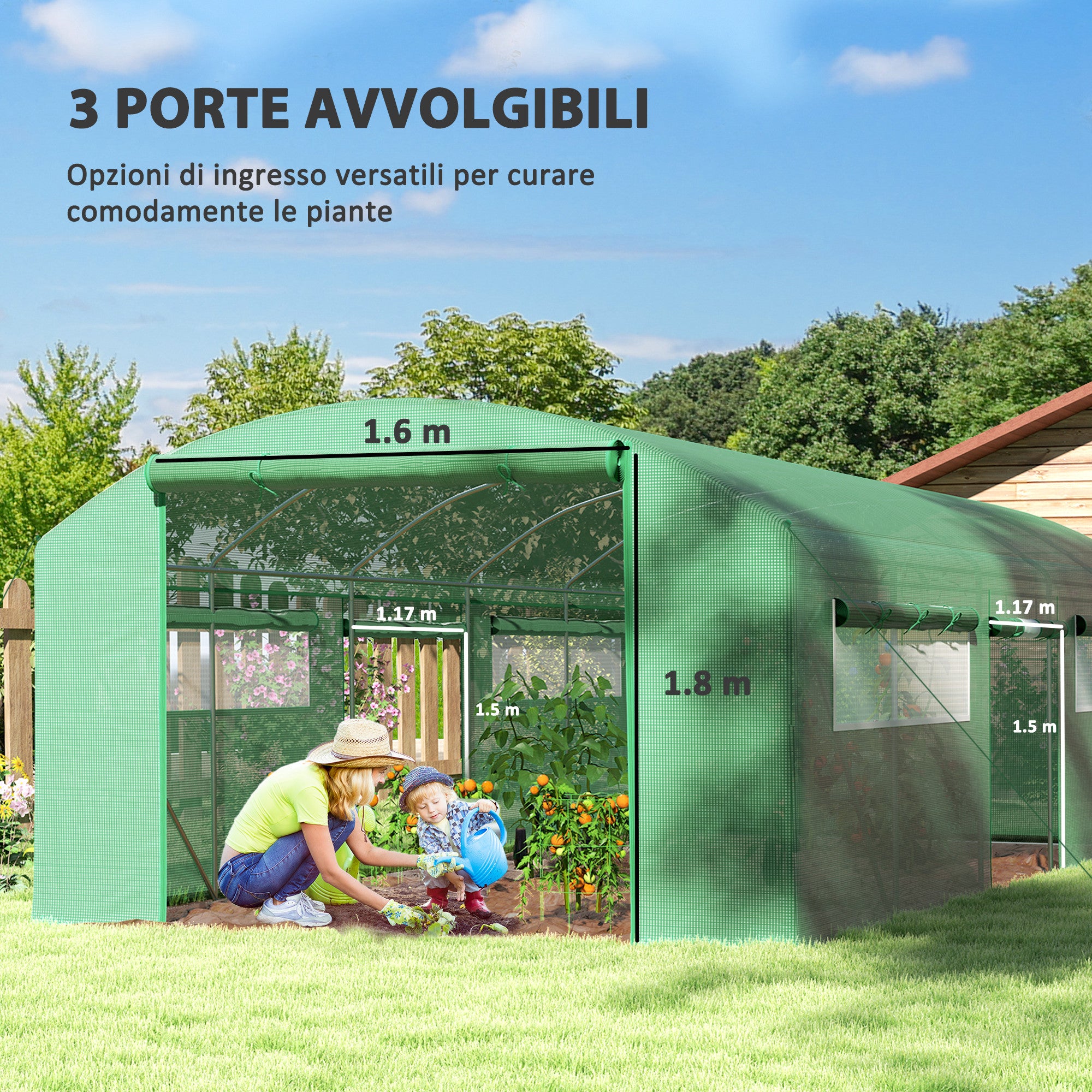 unnel Greenhouse with 3 Roller Doors and 6 Windows, in Galvanized Steel and PE, 6x3x2 m, Green