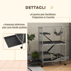 Rodent Cage with 4 Multi-Level Entrances and Hammock, Metal and PP, 80x52x128 cm, Silver and Grey