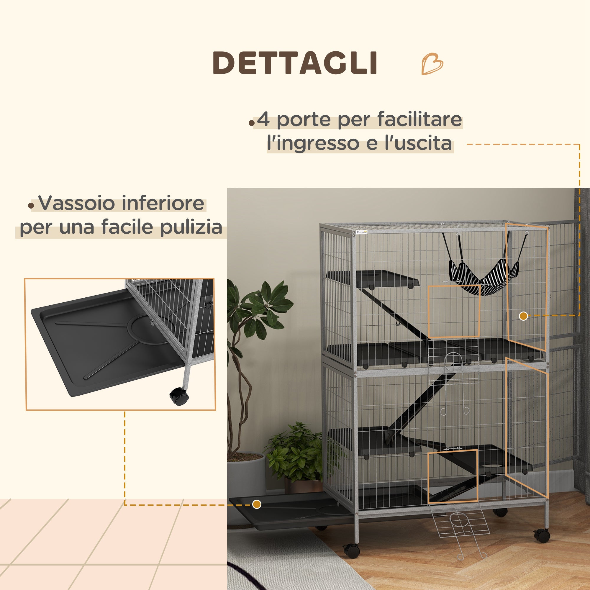 Rodent Cage with 4 Multi-Level Entrances and Hammock, Metal and PP, 80x52x128 cm, Silver and Grey