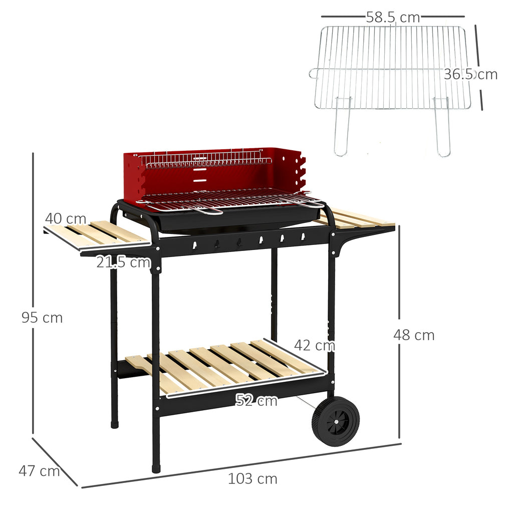 Charcoal Barbecue with Adjustable Grill and 3 Wooden Metal Shelves, 103x47x95 cm, Red