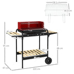 Charcoal Barbecue with Adjustable Grill and 3 Wooden Metal Shelves, 103x47x95 cm, Red
