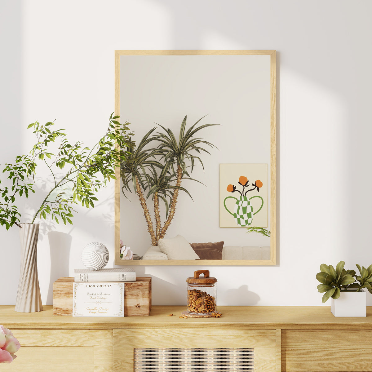 HOMCOM Rectangular Wall Mirror with Hooks, Glass and MDF, 60x80 cm, Wood Color