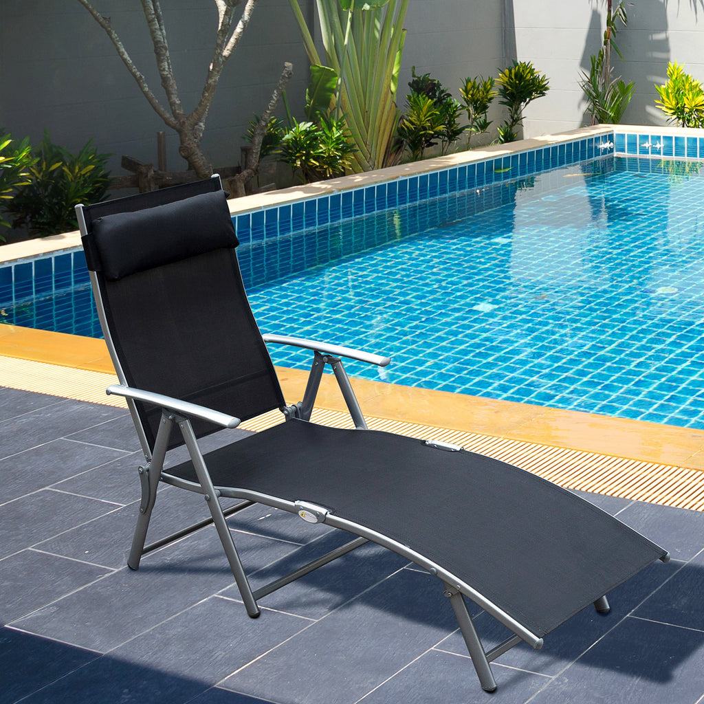 Outsunny Folding Garden Lounger with Cushion, 7-Reclining Backrest, 137x63.5x100.5cm, Black
