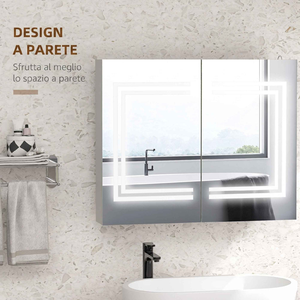 kleankin Bathroom Mirror Cabinet with LED Light, 80 x 65cm Bathroom Cabinet with Mirror, Soft Close Door, 3-Color Dimmable, Adjustable Shelves, Gloss White