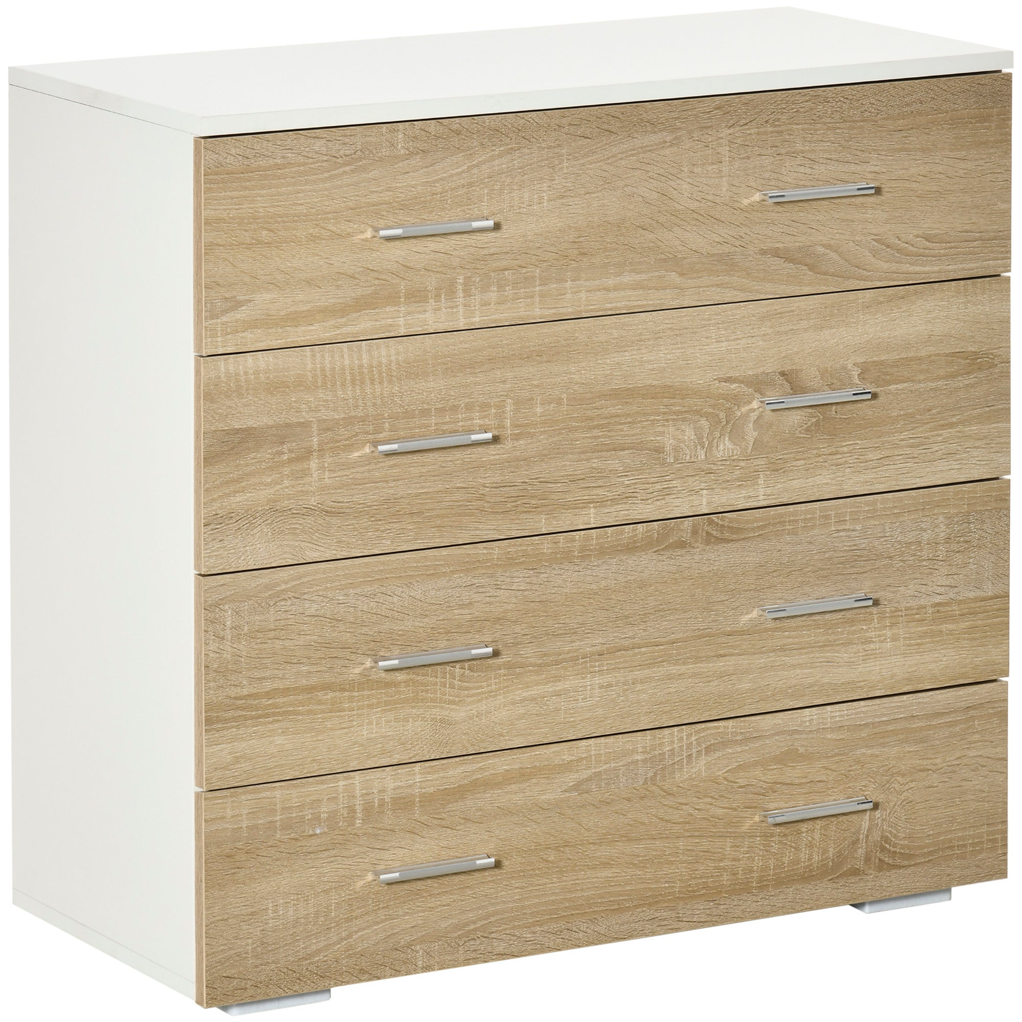 Chest of 4 Wooden Drawers and Aluminum Handles, 76x35x72cm, White and Oak