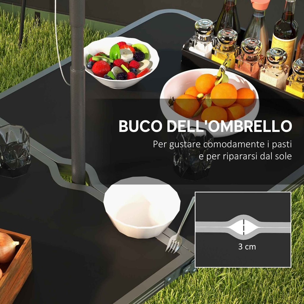 Outsunny Folding and Adjustable Camping Table Set with 4 Chairs and Umbrella Hole, Made of Aluminum and Wood, Black