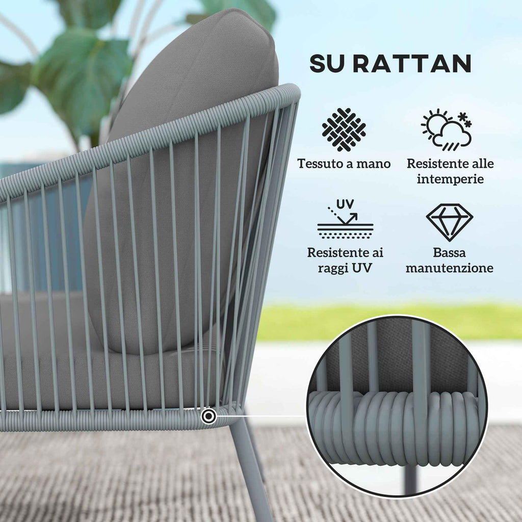 Outsunny 2-Seater Boho Style Sofa with Removable Cushions and Armrests, in Steel and PE Rattan, 112x72x76 cm, Grey