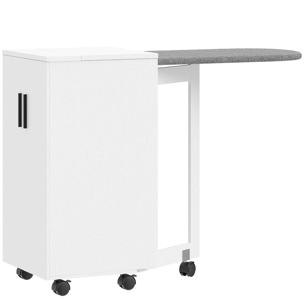 HOMCOM Folding Ironing Board with Wheels, Adjustable Shelf, Soft Close, Wood and Fabric, 128x43x83 cm, White