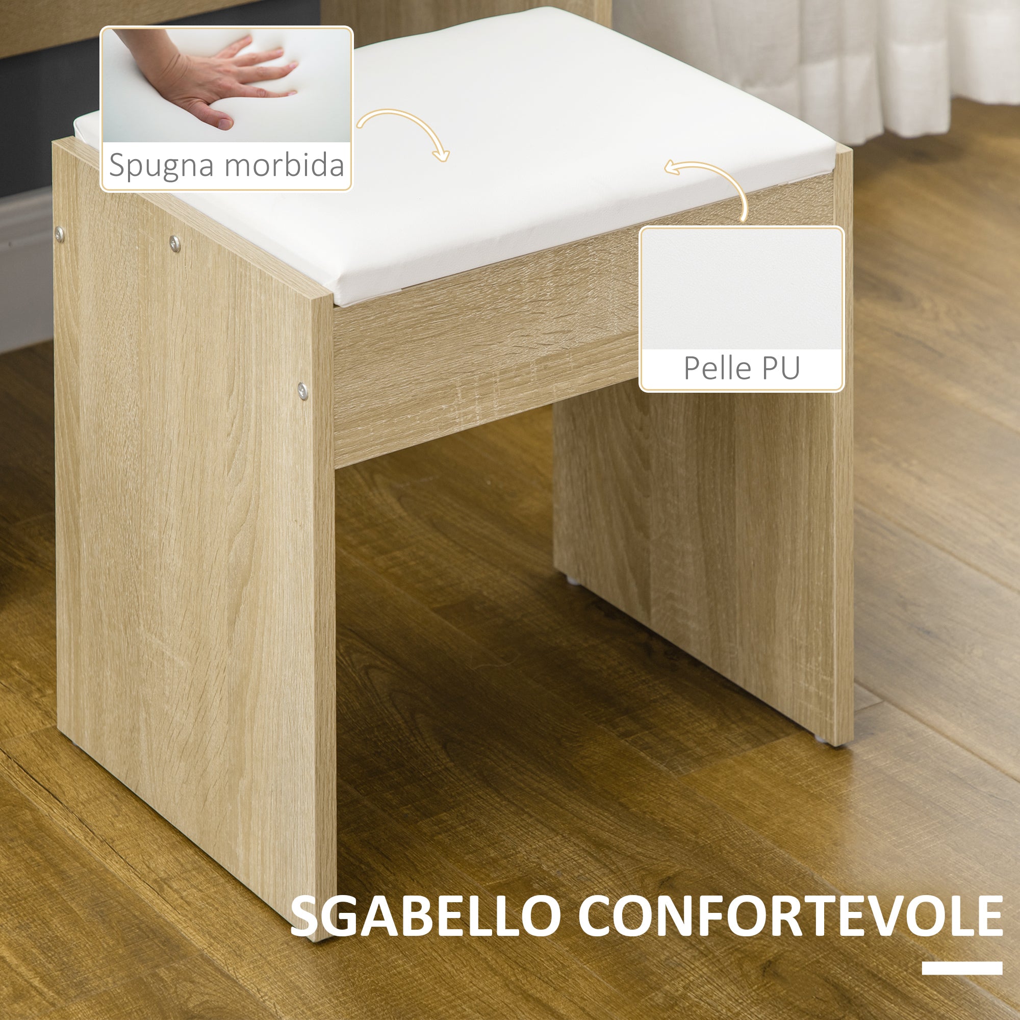 Dressing Table with Mirror, Dressing Table, Stool, 4 Drawers and 4 Shelves, Wood Color