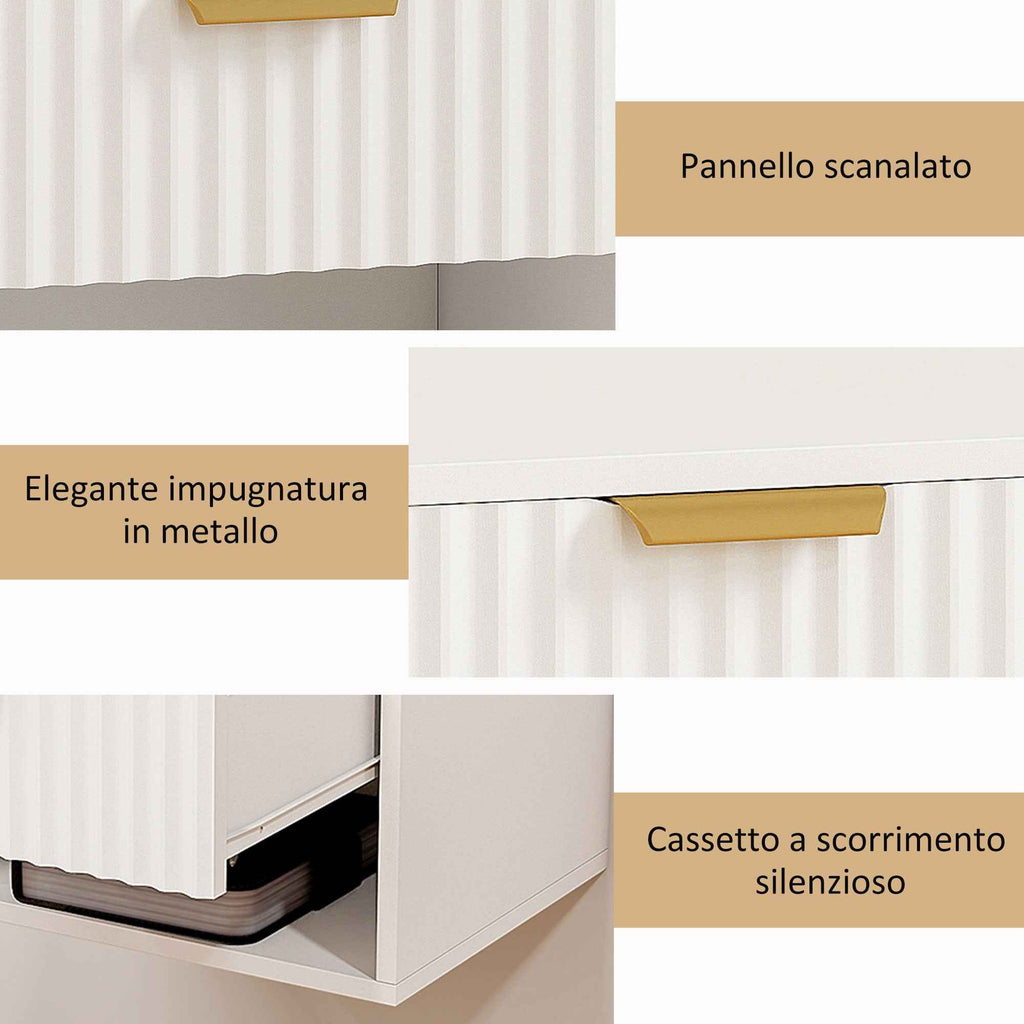 HOMCOM Set of 2 Floating Nightstands with Grooved Panels, Drawer and Shelf, 40x34x29 cm, White