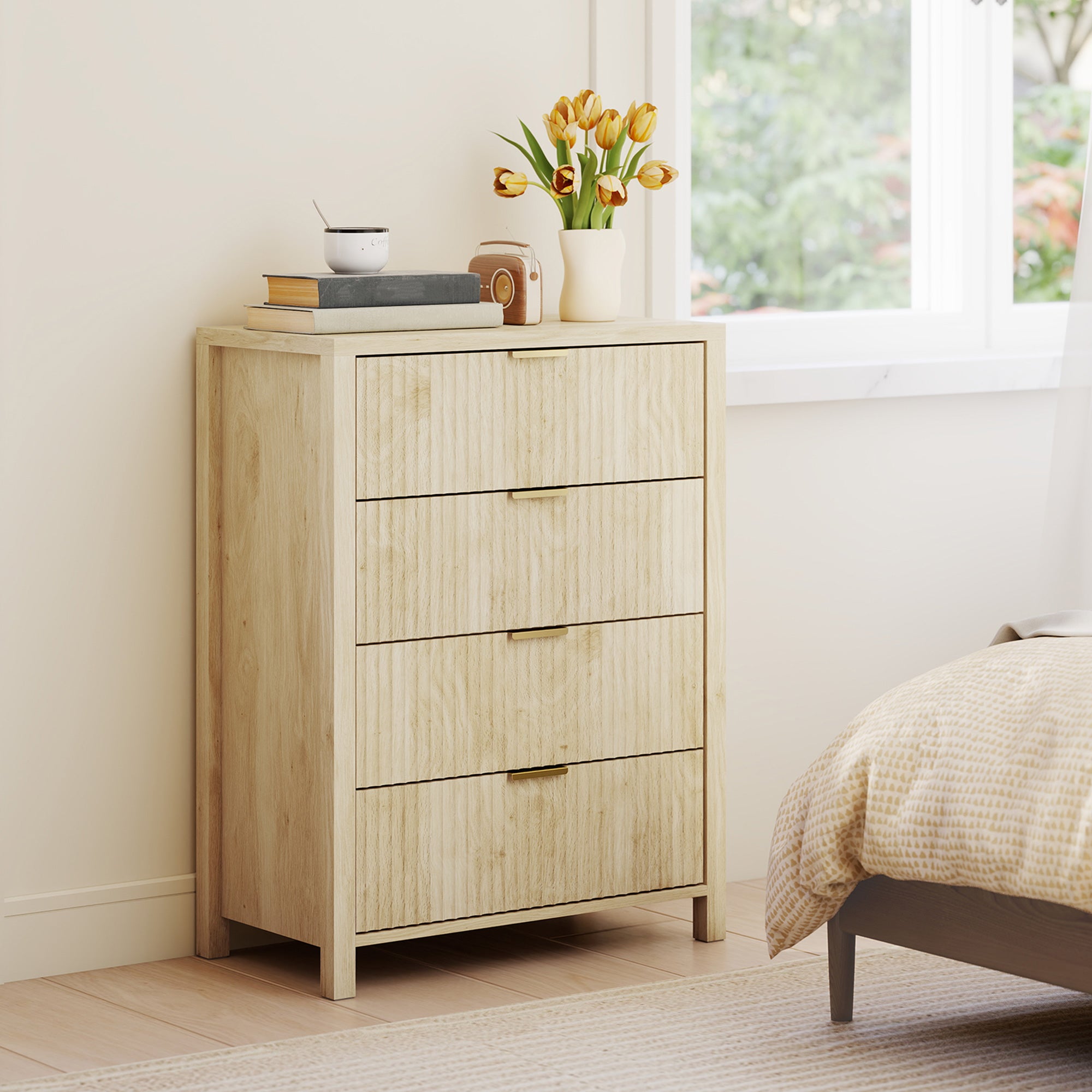 Chest of Drawers with 4 Grooved Drawers and Golden Handles, 70x38x93 cm, Natural Wood
