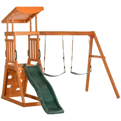 Set with Slide, 2 Garden Swings and Wooden Climbing Wall for Children Ages 3-8 Years