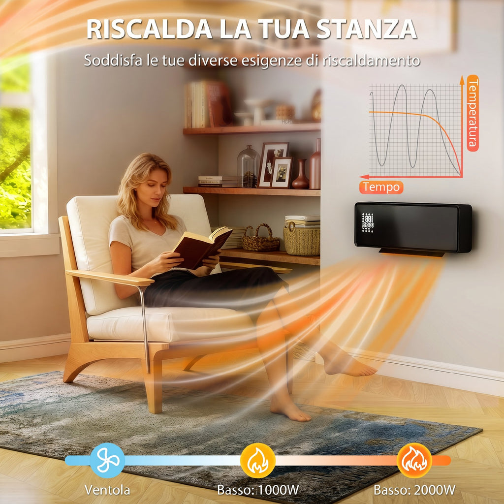 HOMCOM 2000W Wall-Mounted Ceramic Heater with 3 Modes, Adjustable Temperature, Timer, Remote Control, Child Lock, Black