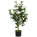 HOMCOM Artificial Camellia Plant with Realistic Flowers, 176 PEVA Leaves and Black Cement-Filled PP Pot, White