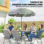 Outsunny 8-Piece Garden Set with Umbrella, 6 Folding Chairs and Tempered Glass Outdoor Table, Grey