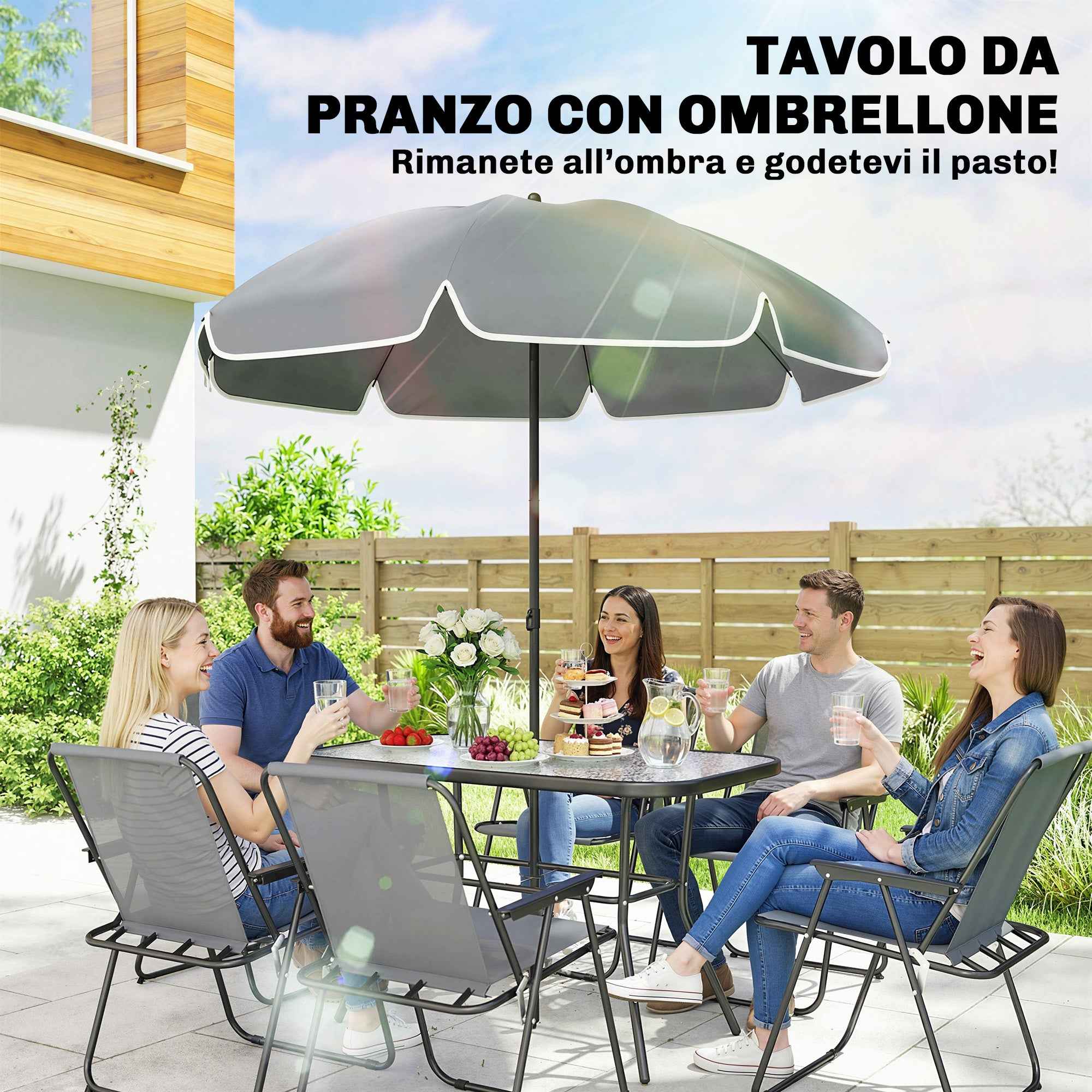 Outsunny 8-Piece Garden Set with Umbrella, 6 Folding Chairs and Tempered Glass Outdoor Table, Grey