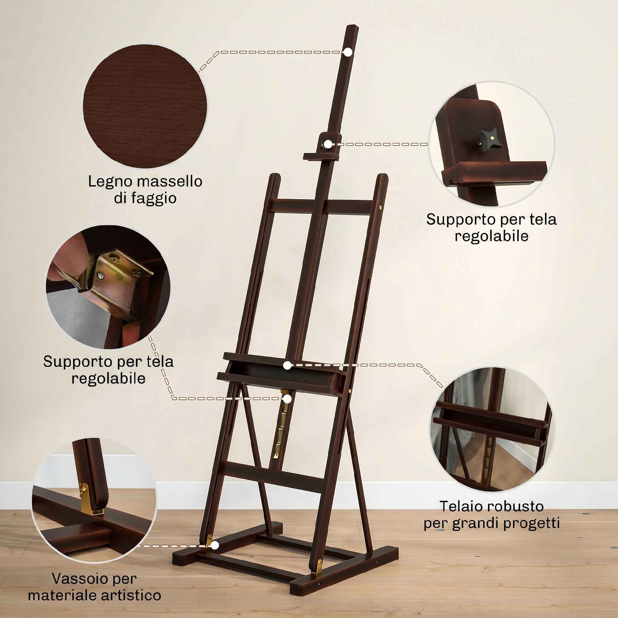 HOMCOM Adjustable Beech Wood Artist Easel with Storage Compartment, 53x50.5x171-230cm