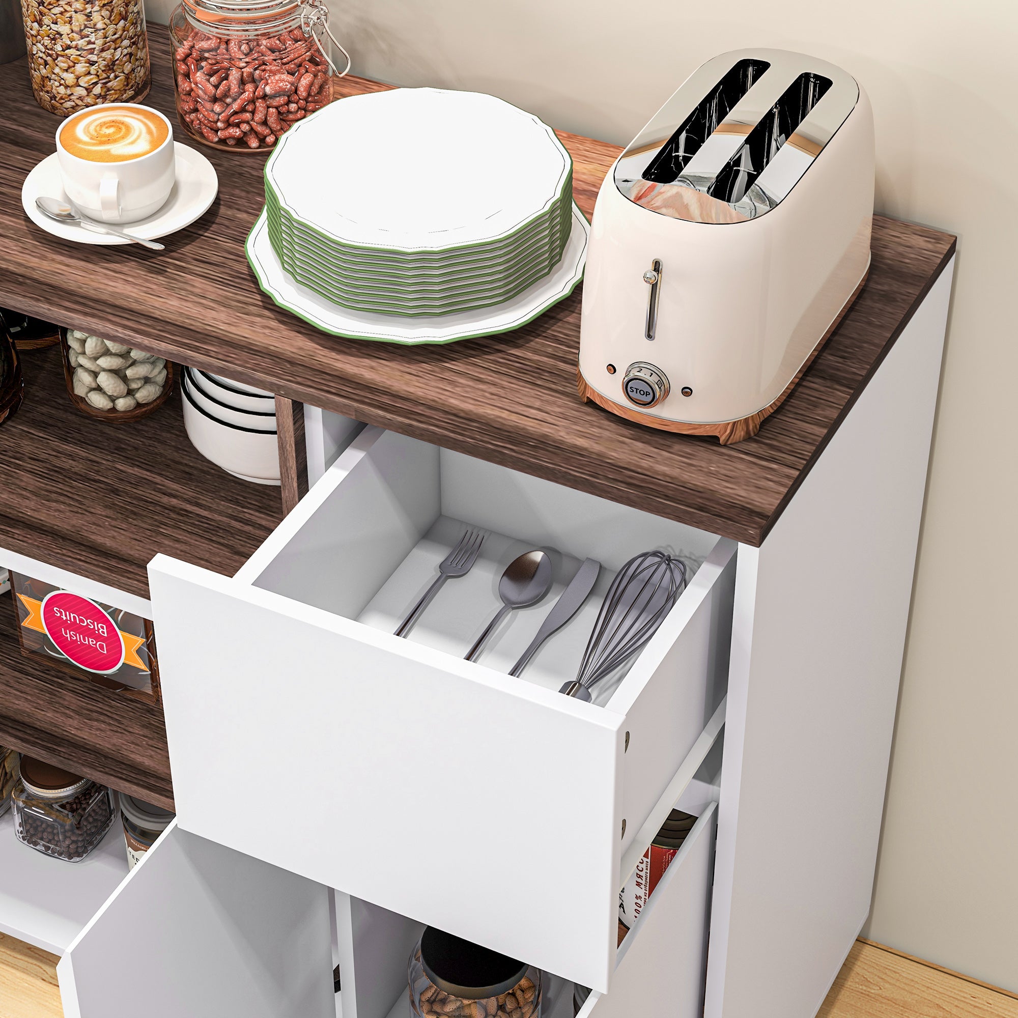 Homcom Modern Cooking Wooden Kitchen with lockers, drawer and open compartment, 105x39x83cm, white - Borgè