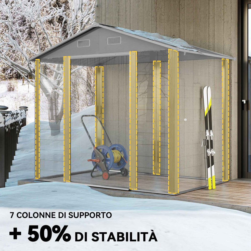 Outsunny Tool Shed with Sliding Doors and 4 Air Vents, Steel and PP, 196x236x208 cm, Light Grey