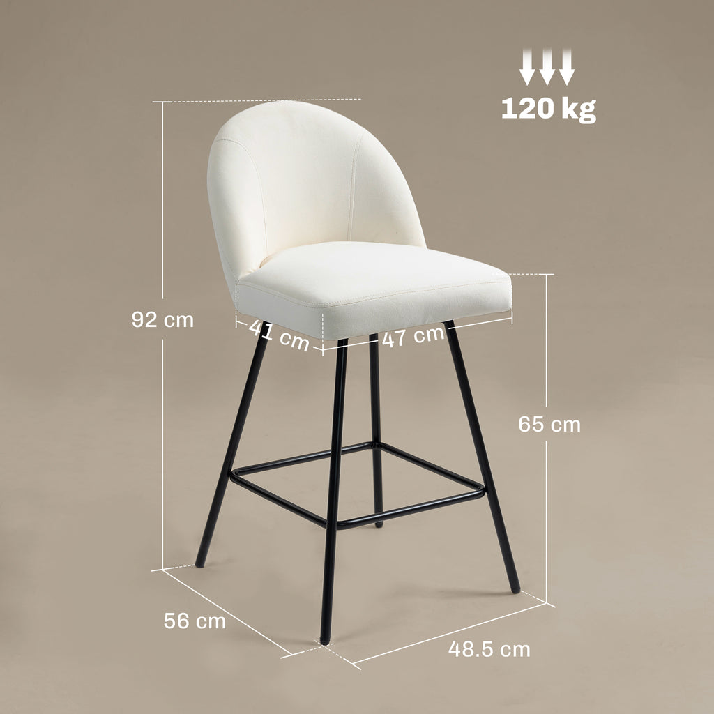 Set of 2 Bar Stools with Velvet Backrest and Steel Footrest, Cream White