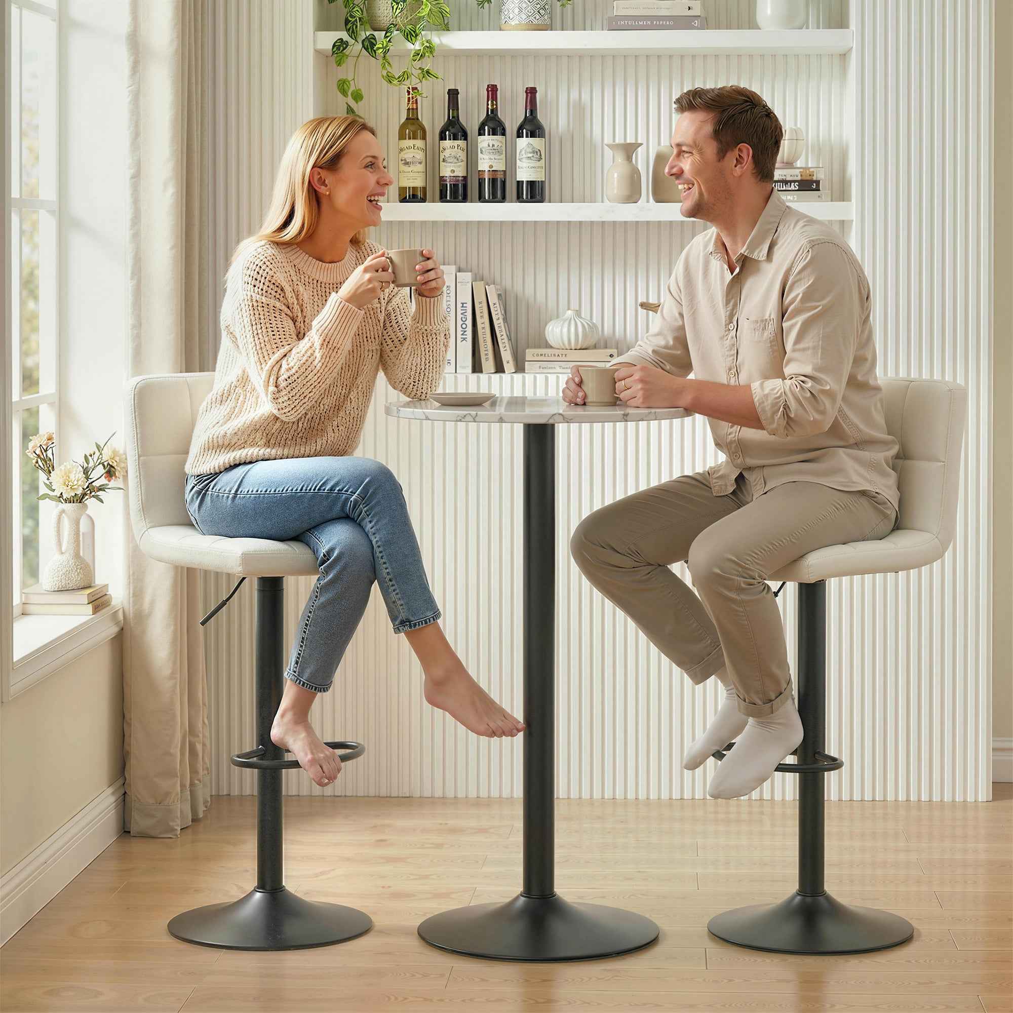 Set of 2 Adjustable Bar Stools with Footrest, PU Leather and Steel, 39.5x44x88-110 cm, Cream