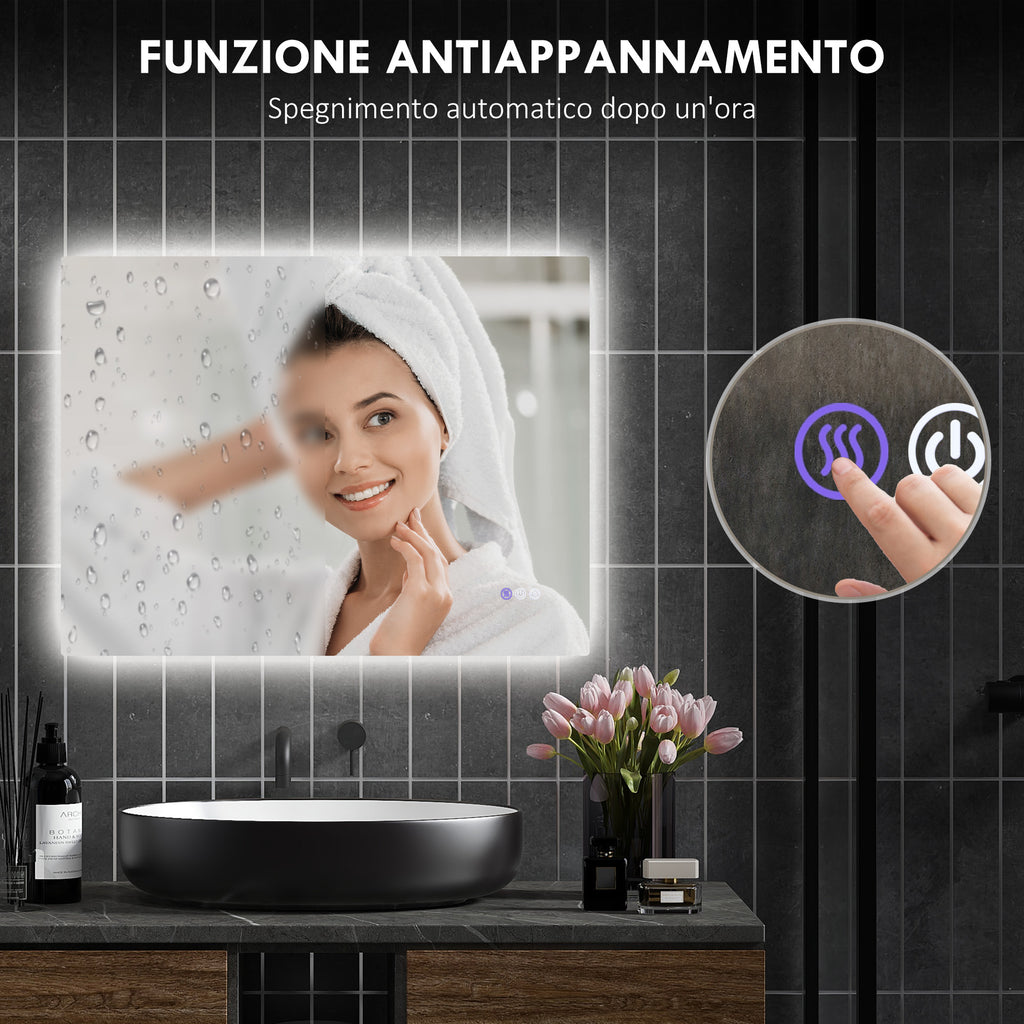 Anti-fog Bathroom Mirror with Adjustable Brightness and Color, Glass and Aluminum Alloy, 80x60x4 cm