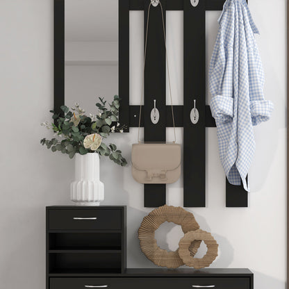 TWENTY | Hallway Furniture Coat Rack with Shoe Rack and Mirror, Chipboard, 90x10x102 cm, Black