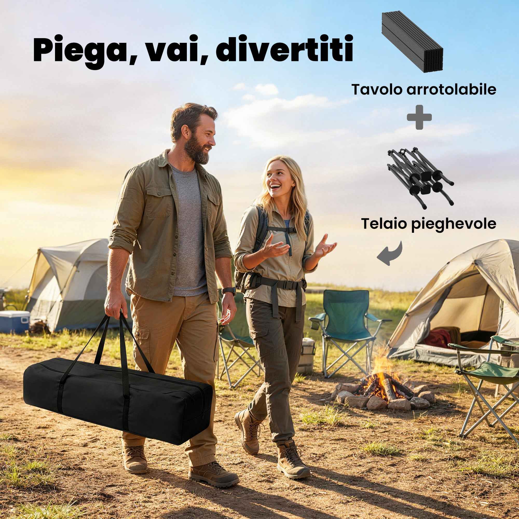 Outsunny Folding Camping Table with Metal Frame, Storage Net and Bag, 93x55x68 cm, Black