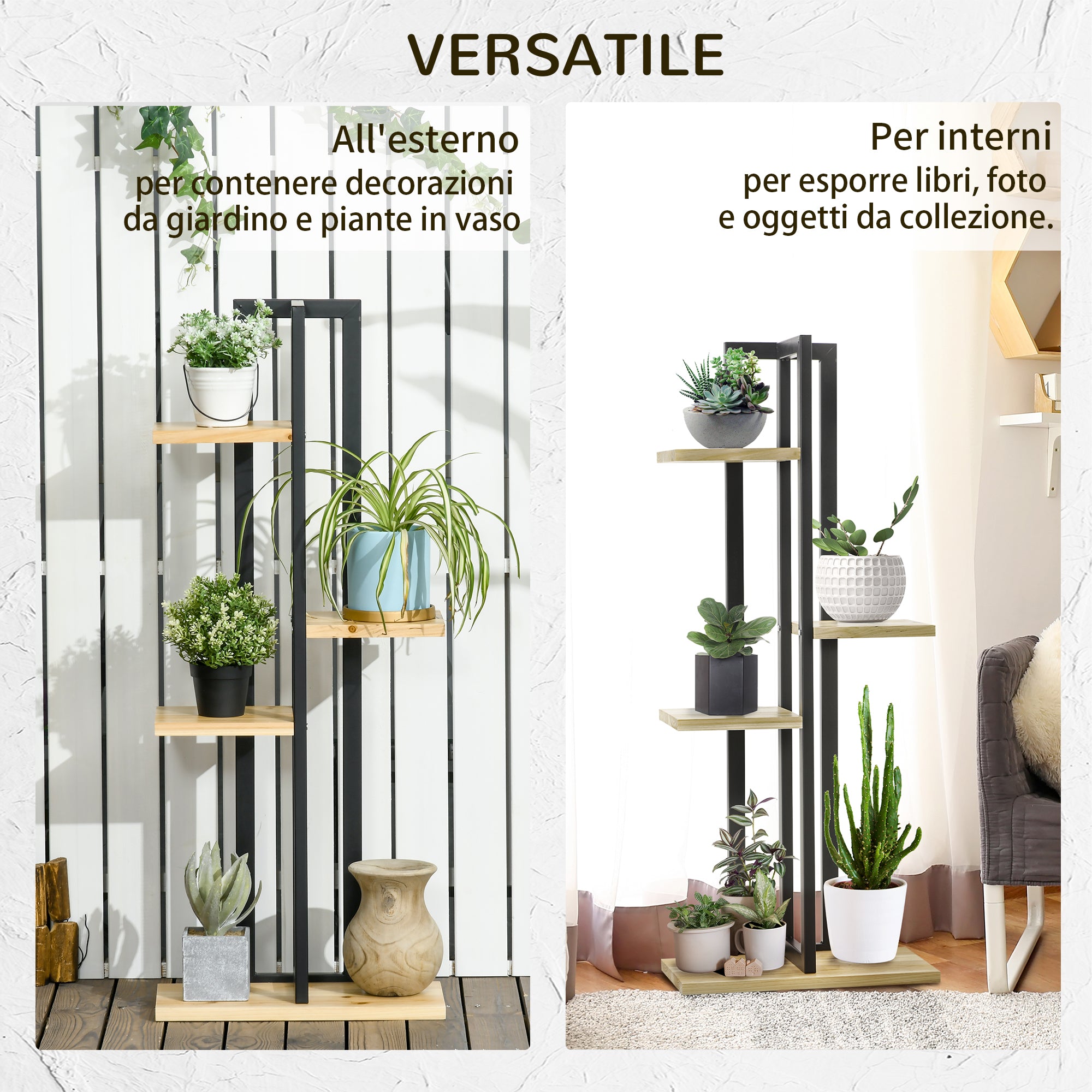 Industrial Style 4-Tier Plant Rack in Fir Wood and Metal, 45x25x110 cm, Black and Wood Color