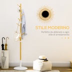 8 Hook Coat Tree with Round Base in Bamboo, Wood and Metal, Ø37.8x175.6 cm, Wood and White