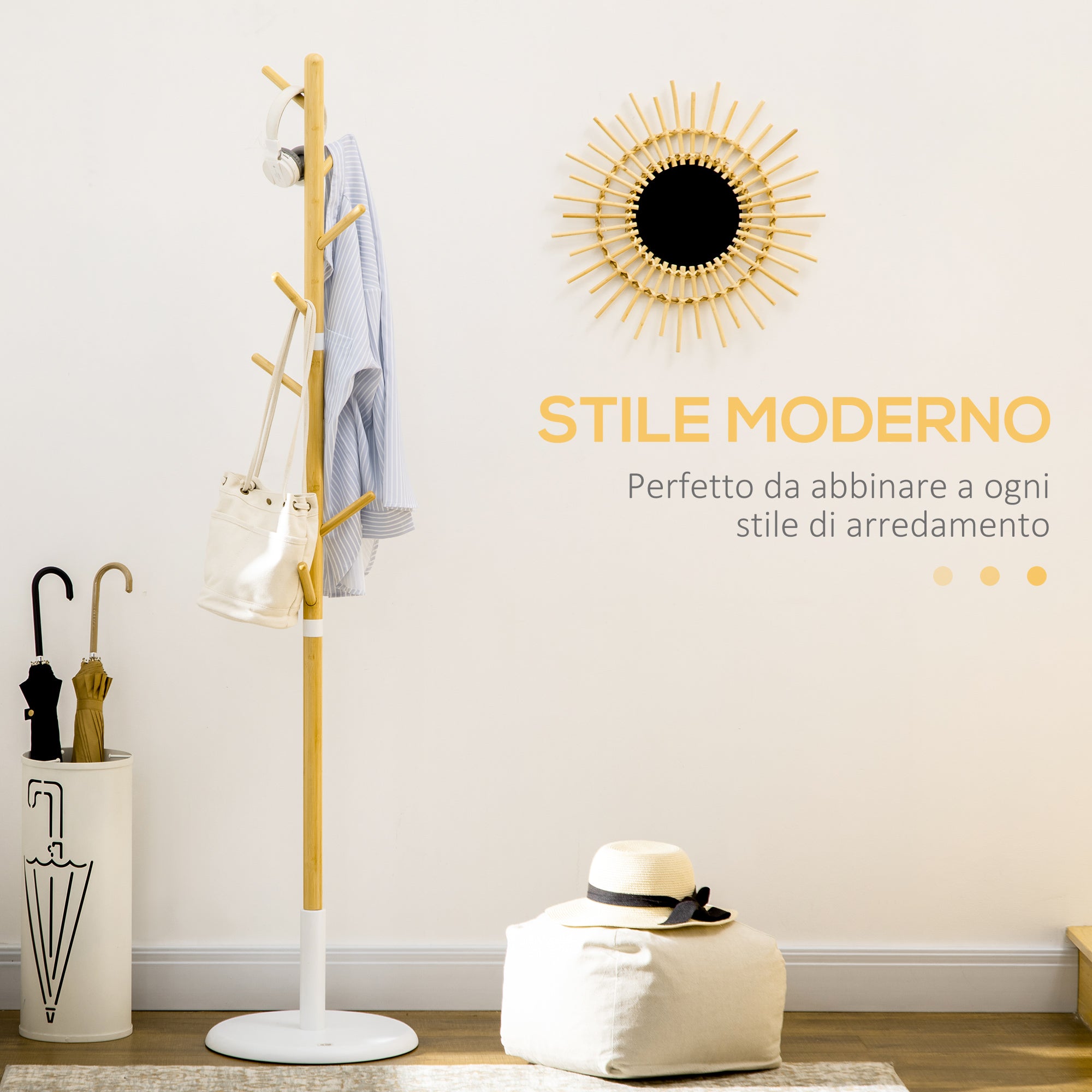 8 Hook Coat Tree with Round Base in Bamboo, Wood and Metal, Ø37.8x175.6 cm, Wood and White