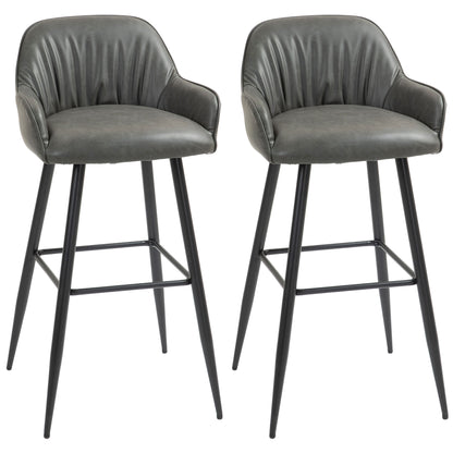 Set of 2 Modern Bar Stools with Footrest and Backrest, Faux Leather PU and Steel, Gray