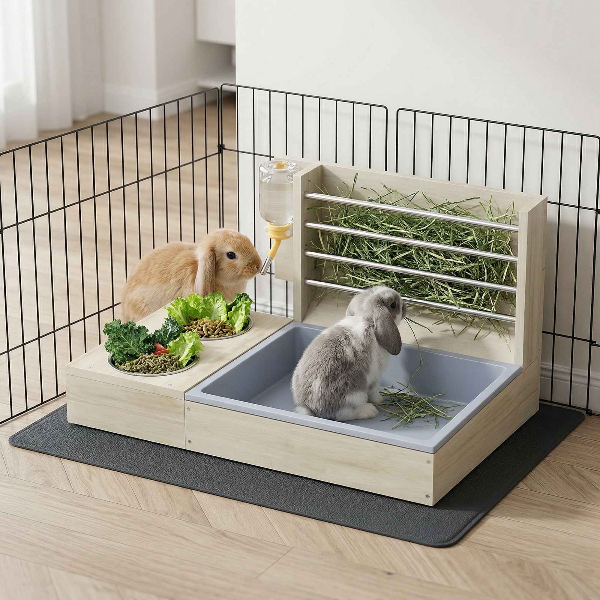 PawHut Hay Feeder with Hay Rack and Litter Box, Feeding Station, Natural Wood Color