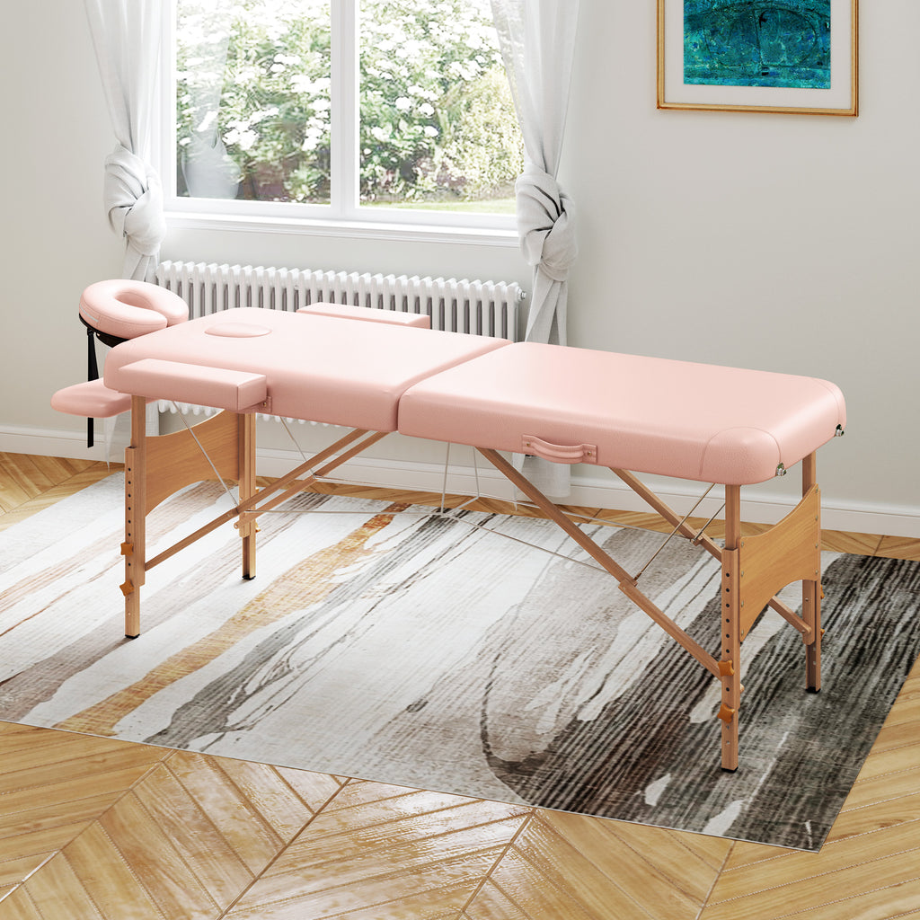 HOMCOM Folding Massage Table with Adjustable Height and Carry Bag, Wooden Frame, Pink
