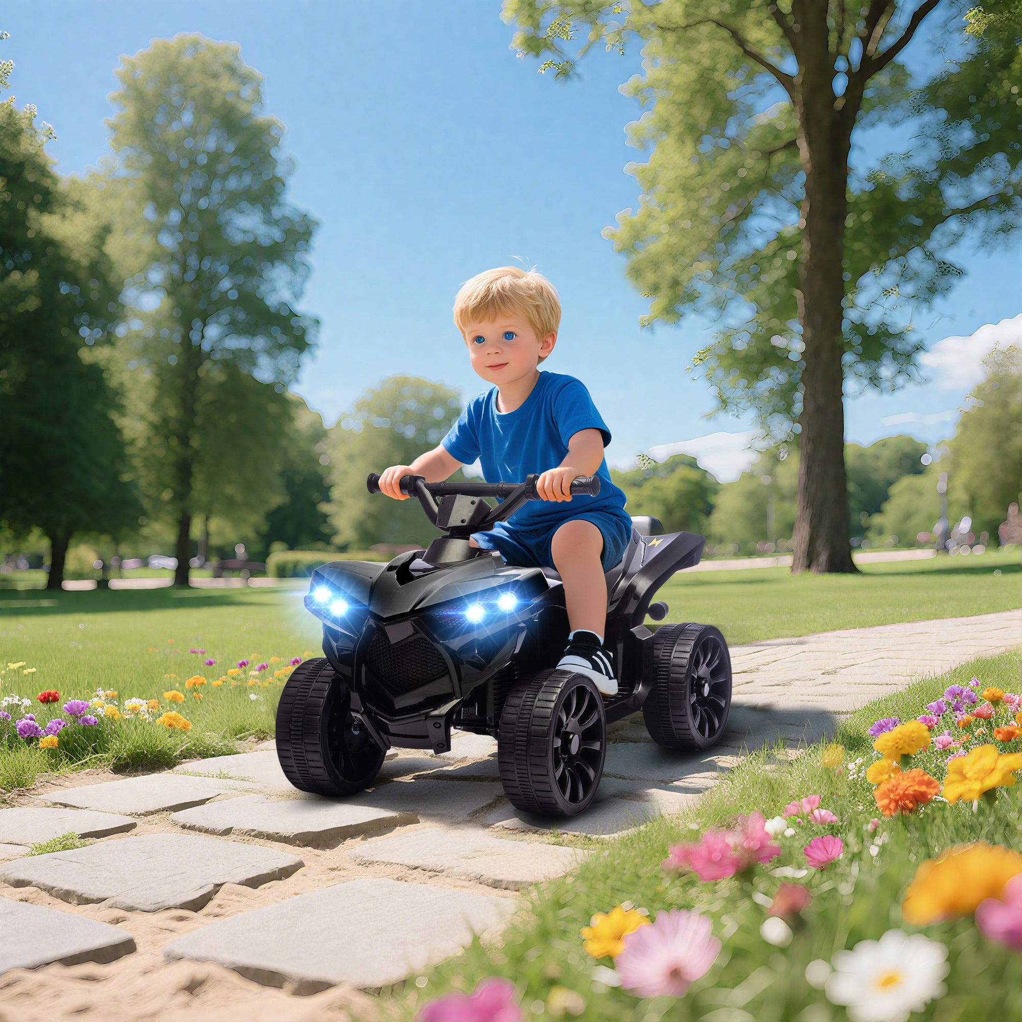 Kids Electric Quad Bike ATV with 6V Rechargeable Battery, LED Headlights and Music, Ages 3-6 Years, Black