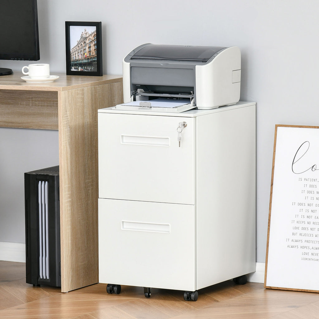 Office Drawer Cabinet with Wheels, 2-Drawer File Cabinet with Lock and 2 Keys in Steel, 39x48x67cm, White