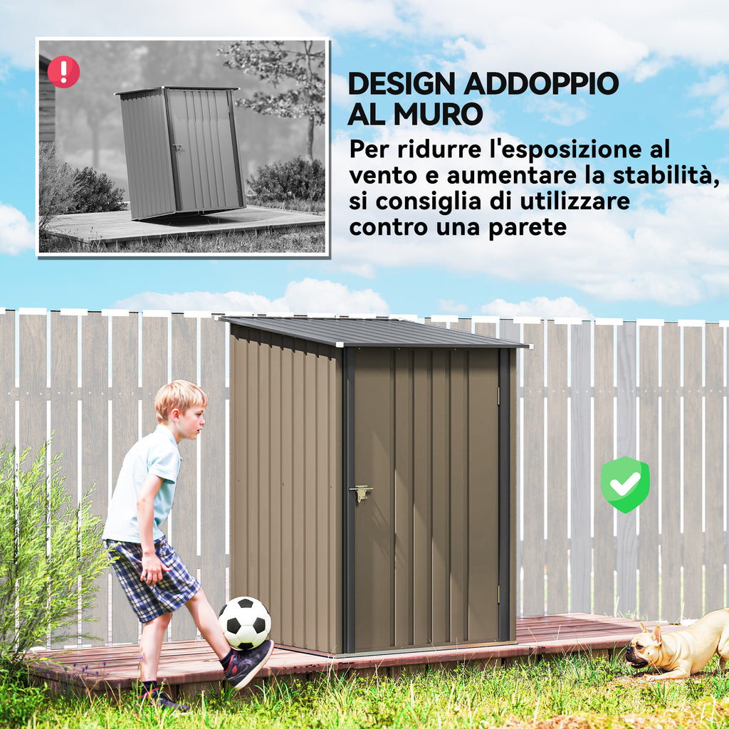 Outsunny Galvanized Steel Garden Shed with Door, 100x104x160 cm, Brown and Dark Grey