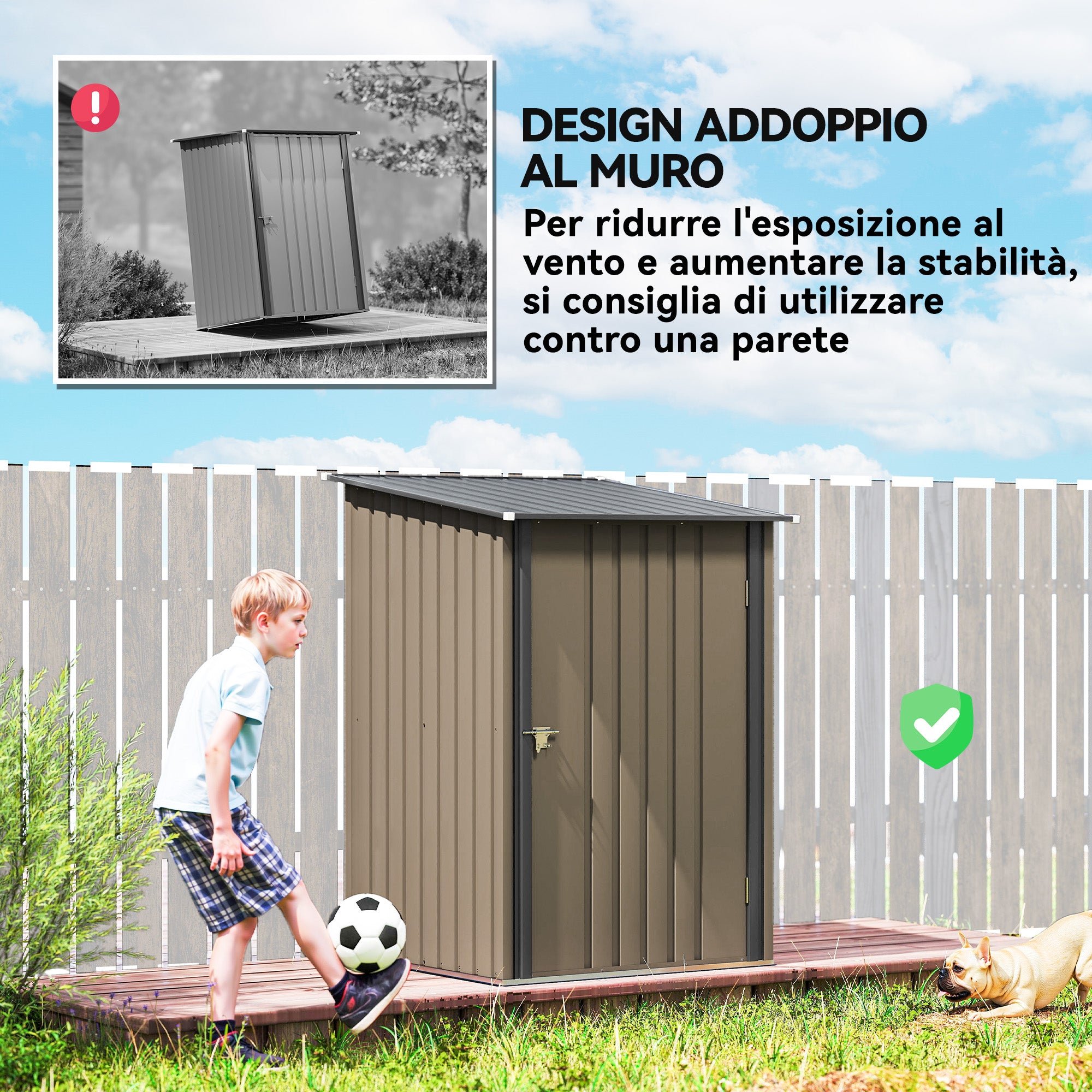 Outsunny Galvanized Steel Garden Shed with Door, 100x104x160 cm, Brown and Dark Grey